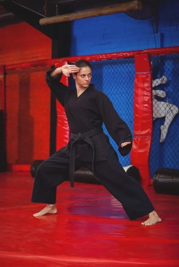 martial arts practitioner performing defensive stance during dojo training