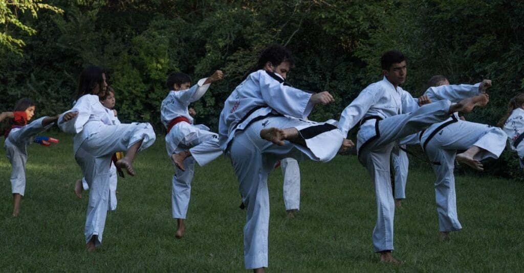 Group of martial arts students practicing coordinated kicks outdoors as part of taekwondo technique fundamentals for beginners.