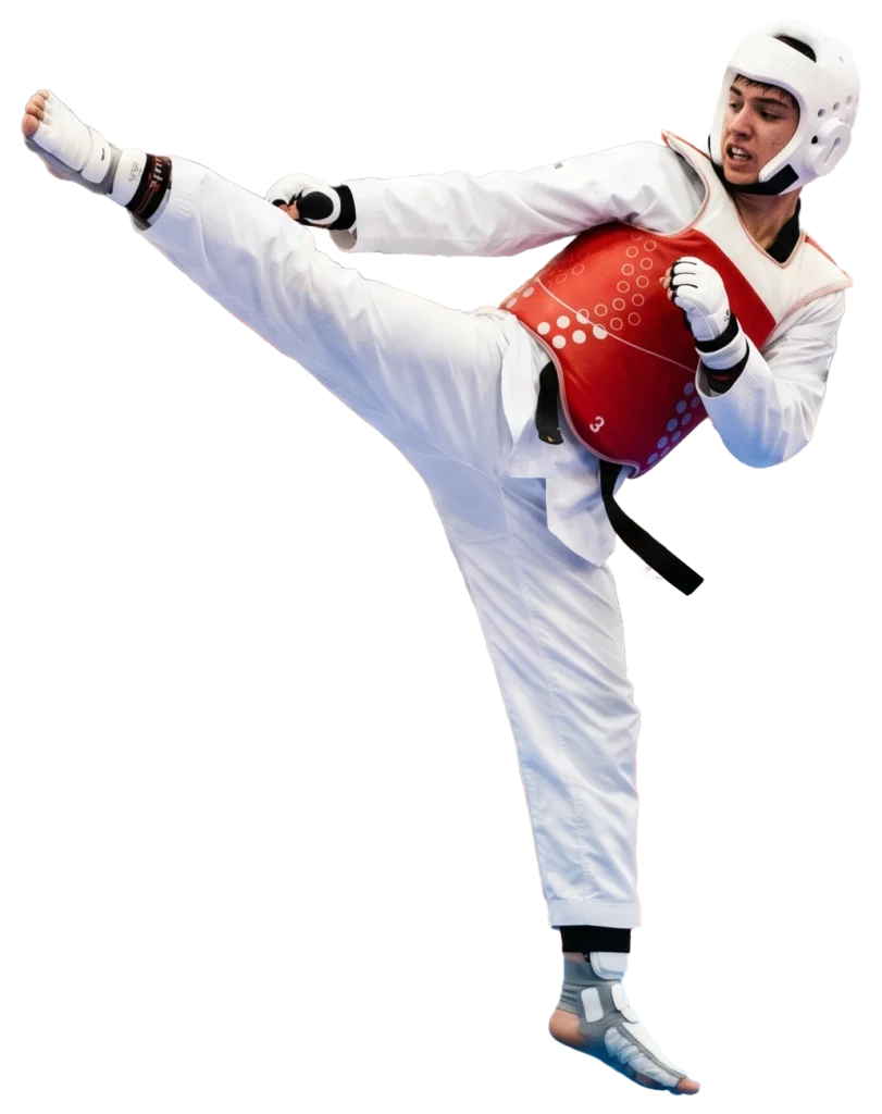 Taekwondo instructor demonstrating techniques to adult students and families during a martial arts class.